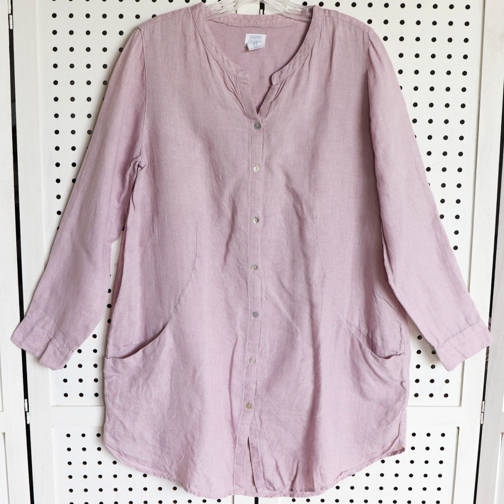 Sigrid Olsen Womens SIZE M‎ Pink 100% Linen Tunic Button Front Pockets Top Shirt